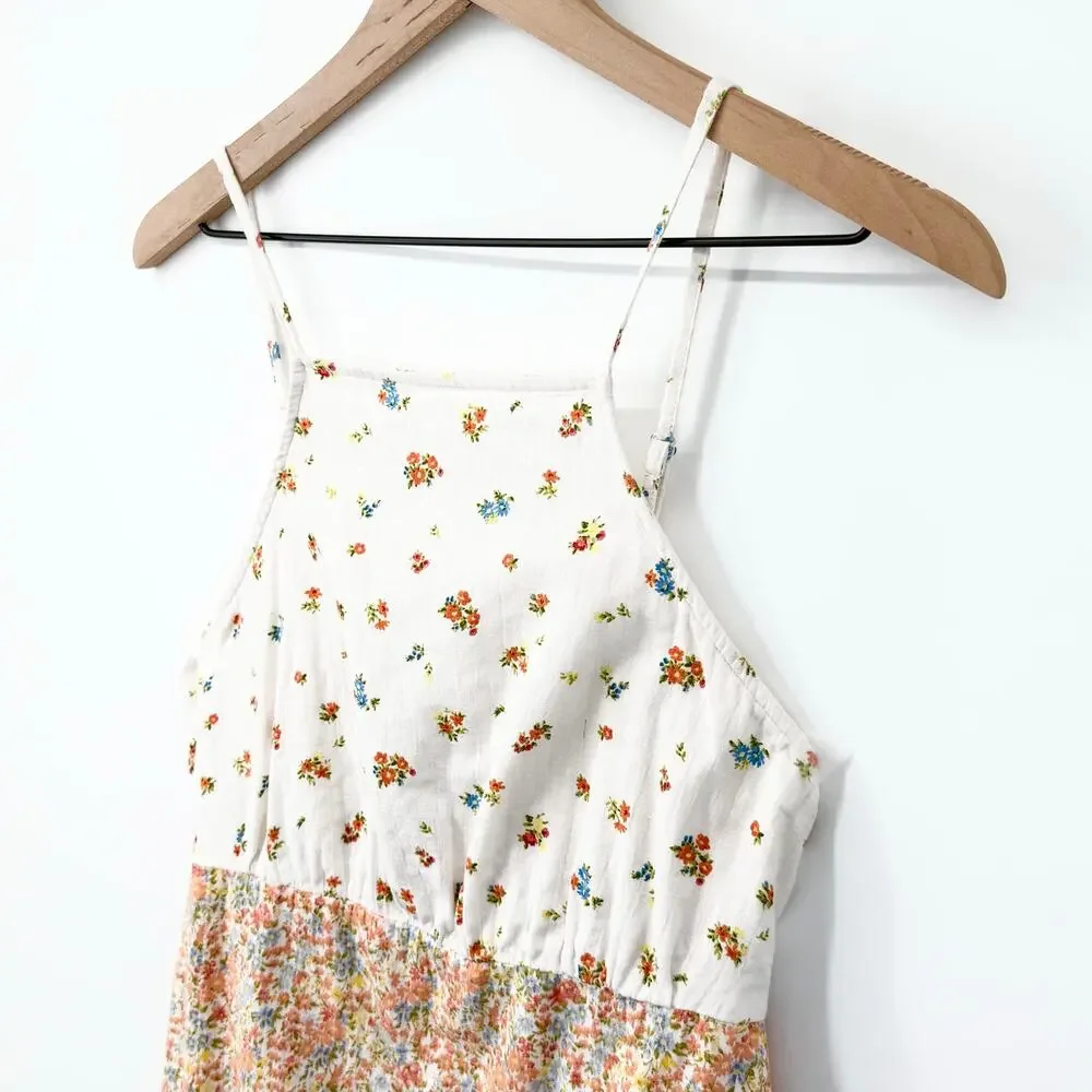 American Eagle Floral Linen Blend High Neck Mini Dress Women’s M Cottagecore